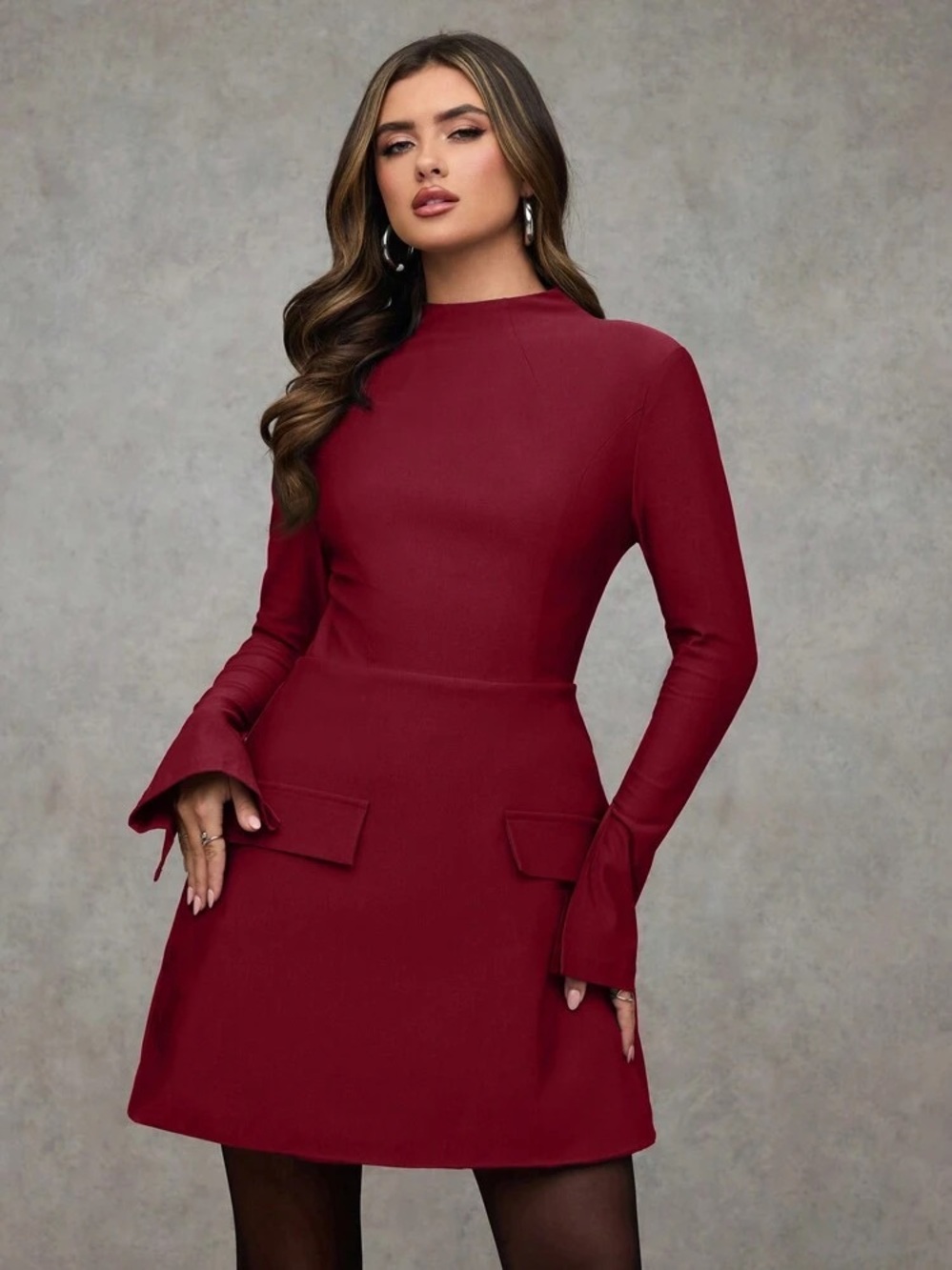 Elegant Burgundy Long-Sleeve A-Line Dress